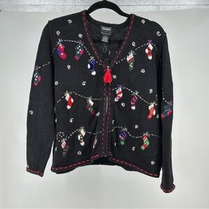 Women’s Vintage‎ Petite Large Black Red Green Beaded Ugly Christmas Sweater